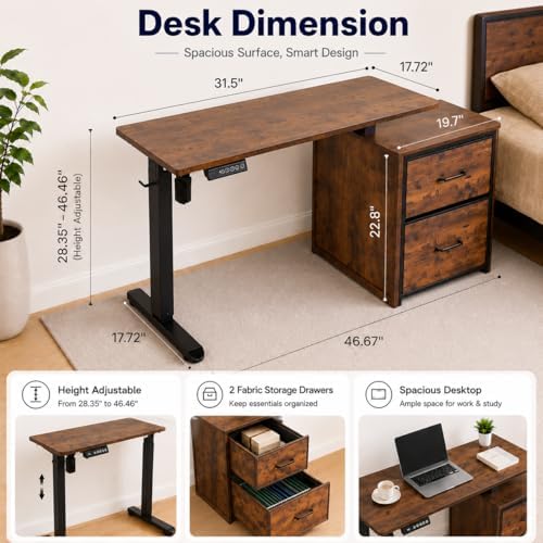 Small Electric Standing Desk with Storage, 48 x 18" Sit Stand Desk Workstation with Smooth Motorized Lift, 28.3"-46.5"Height Adjustable Computer Table, 3 Memory Preset, Cable Management, Rustic Brown