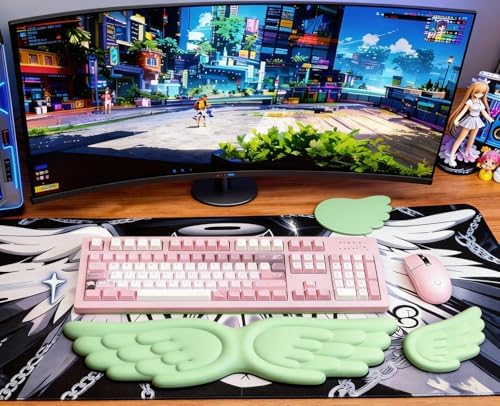 Angel Wing Wrist Rest Ergonomic Memory Foam Wrist Rest for Computer Keyboard Mouse Set with Cup Mat, Cute Gaming Keyboard Cushion Hand Support PU Leather Surface Anti-Slip Waterproof (Green)