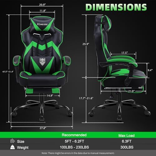 Vonesse Gaming Chair, High Back Gaming Chair with Footrest and Massage, Gaming Chairs for Adults with Pocket Spring Cushion, Big and Tall Reclining Computer Chair with Lumbar Support (Green/Black)