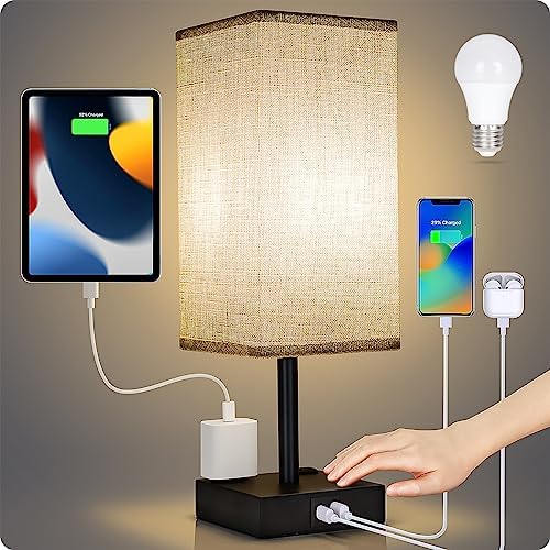 Bedside Table Lamp for Bedroom - Touch Small Lamp with USB C+A Charging Ports & AC Outlets, 3 Way Dimmable Nightstand Light for Living Room (LED Bulb Included, Grey)