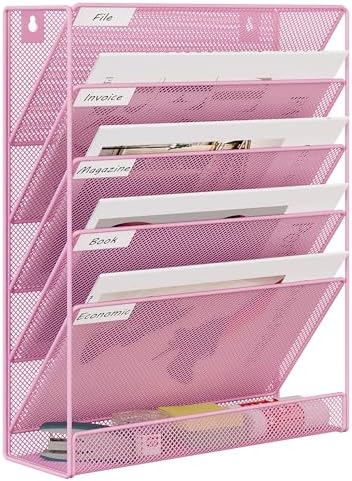 EasyPAG 5 Tier Wall File Holder, Mesh Hanging Folder Organizer with Classify Label, Versatile Desk File Holder, Vertical Wall Mounted Mail Organizer for Office Home Cubicle, Pink