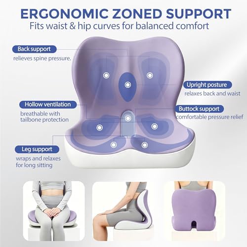 Seat Cushion for Office Chair and Car, Ergonomic Memory Foam Seat Cushion with Lumbar Support Pillow, Orthopedic Cushion for Sciatica & Back Pain, Purple & Light Gray