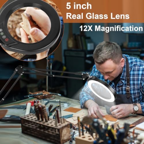 VEEMAGNI 5 Inch Large Real Glass Magnifying Glass with Light and Stand, 5 Color Modes Stepless Dimmable, 2*16 Inch Swivel Arm LED Clamp Desk Lamp, Hands Free 12X Lighted Magnifier for Close Work Craft