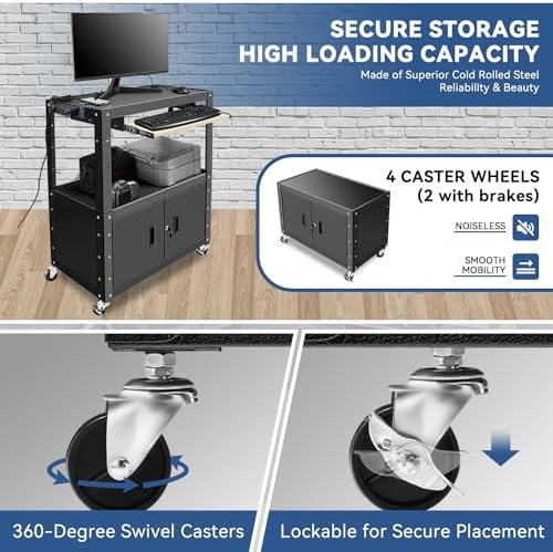 Auto Dynasty Rolling AV Cart, Height Adj w/Lock Storage & Keyboard Tray