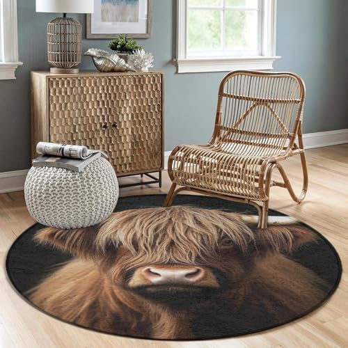 Soft Round Yoga Carpet, Large Home Decor Mat, Non Slip Machine Washable Kitchen Office Circle Rug Highland Cow