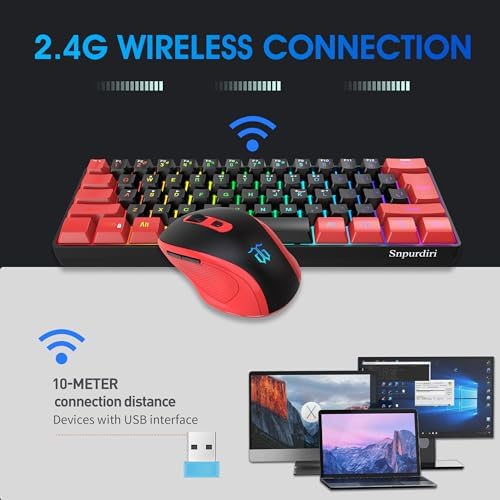 Snpurdiri 2.4G 60% Wireless Gaming Keyboard and Mouse Combo, Red-Black