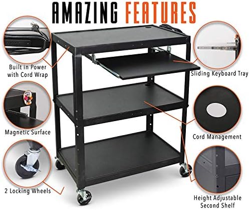 Line Leader Extra Wide Rolling AV Cart - Adjustable Shelf Height Computer Stand Workstation, Includes Pullout Keyboard Tray, Lockable Wheels, Power Cord Management (Black, 42in x 32in x 20in)