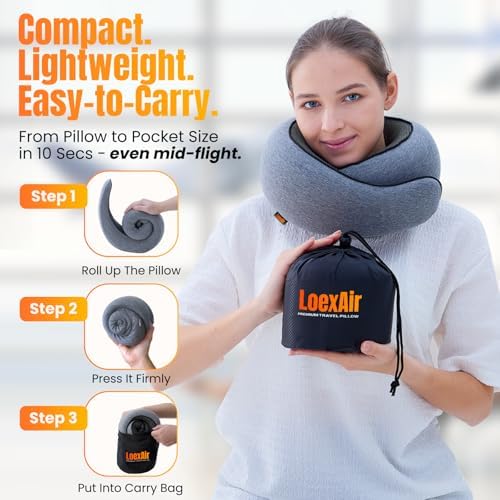 LOEXAIR™ Travel Pillow, Neck Pillow Travel for Airplane, Car - 100% Cotton Fabric & Memory Foam Plane Pillow, Lightweight & Easy-to-Carry on Flight, Full Travel Set (Eye Mask, Earplugs) - Light Grey