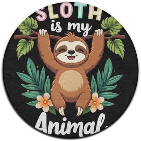Soft Round Yoga Carpet, Large Home Decor Mat, Non Slip Machine Washable Kitchen Office Circle Rug Sloth Spirit