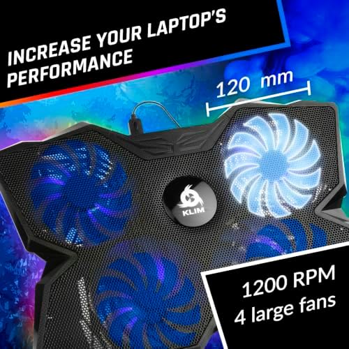 KLIM Wind Laptop Cooling Pad - More Than 500 000 Units Sold - New Version - The Most Powerful Rapid Action Cooling Fan - Laptop Stand with 4 Cooling Fans at 1200 RPM - USB Fan - PS5 PS4 - RGB