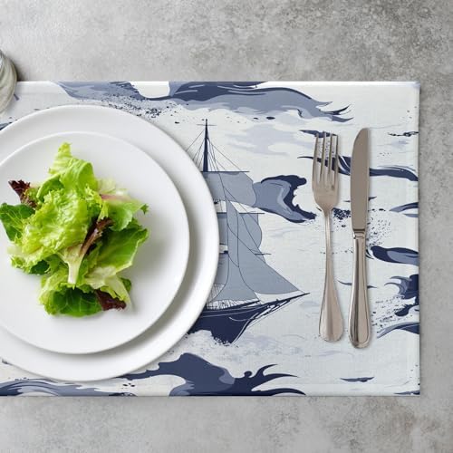 Sailing Ship Maritime Linen Placemats, Ocean Waves Nautical Table Mats for Table Washable Heat Insulation Thick Dining Mat, Indoor/Outdoor 12X18 in 6 Pcs