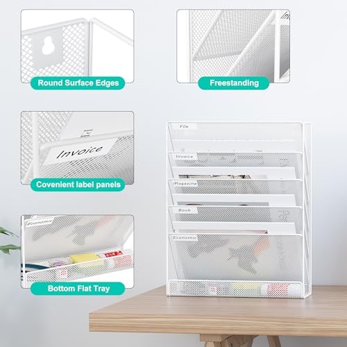 EasyPAG 5 Tier Wall File Holder, Mesh Hanging Folder Organizer with Classify Label, Versatile Desk File Holder, Vertical Wall Mounted Mail Organizer for Office Home Cubicle, White