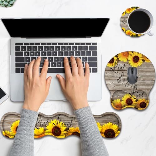 Keyboard Wrist Rest and Mouse Pad Wrist Support with Lace-Shaped Coaster Set, Ergonomic Gel Memory Foam and Anti-Slip Base, Easy Typing and Pain Relief - Sunflower Bible