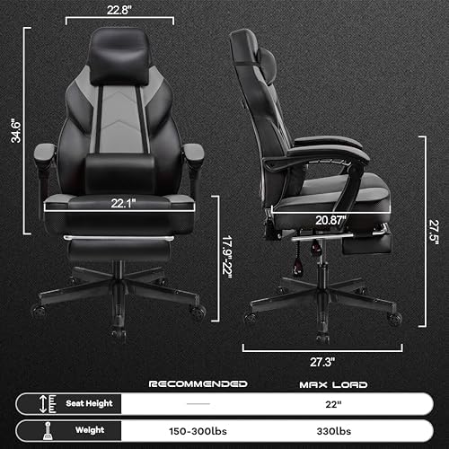 Gaming Chair for Adults, Grey Video Game Chair with Footrest, Big and Tall Gaming Chair Heavy Duty Computer Chair with Massage Lumbar, Ergonomic Adjustable Height and 360° Swivel, PU Leather, Grey