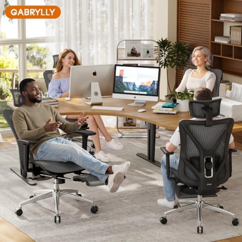 GABRYLLY Ergonomic Office Chair with Adjustable Lumbar Support, 3D Armrests & Headrest, 135° Reclining Chair with Footrest & Large Steel Base,300LBS Swivel Desk Chair - GYMN01-DG