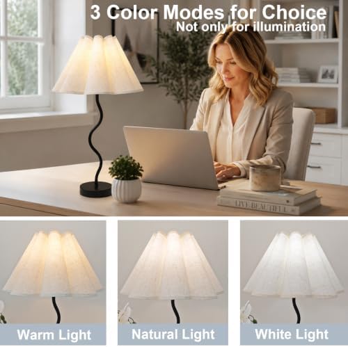 Pleated Table Lamp, Modern Bedside Lamp with Wavy Scalloped Shade (Black)