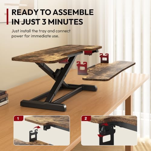SANODESK Standing Desk Converter with Electric Motor 35" Height Adjustable Desk Riser for Office Home,Monitor and Laptop Workstation with Large Keyboard Tray, Rustic Color