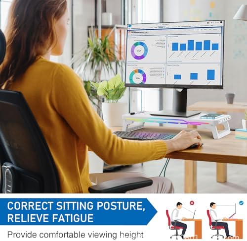 Monitor Stand Riser with USB 3.0 Hub & Type-C Port, 15W Fast Wireless Charging & RGB Lighting, Desk Organizer for Home Office PC iMac 27 Inch (White)