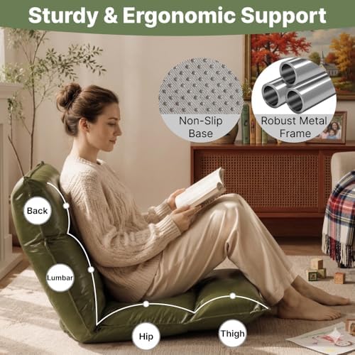Floor Chair with Back Support, 42-Position Adjustable Gaming Chair for Adults, Faux Leather Floor Lounger, Reading Chairs with Neck Support, Foldable Floor Seat for Sleeping (Green Black)