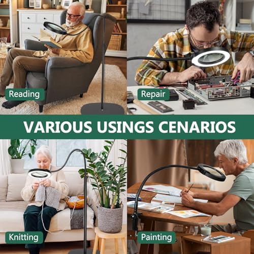 15X Magnifying Glass with Light and Stand, Real Glass Lens, 5 Color Modes, Stepless Dimmable, 24" Flexible Gooseneck 3-in-1 Floor Lamp, LED Lighted Magnifier Hands Free for Close Work, Craft, Painting