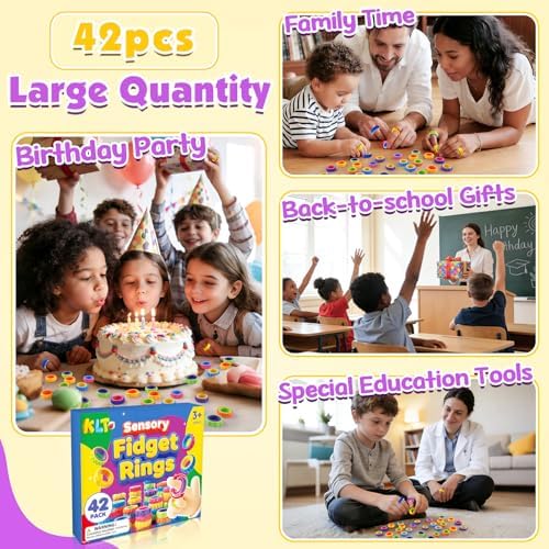 KLT Fidget Toys Bulk for Kids: 42 Pack Textured Spinner Rings - Bulk Party Favors Goodie Bag Stuffers - Quiet Fidgets for Classroom Student Prize - Sensory Toys for Autism ADHD Stress Relief
