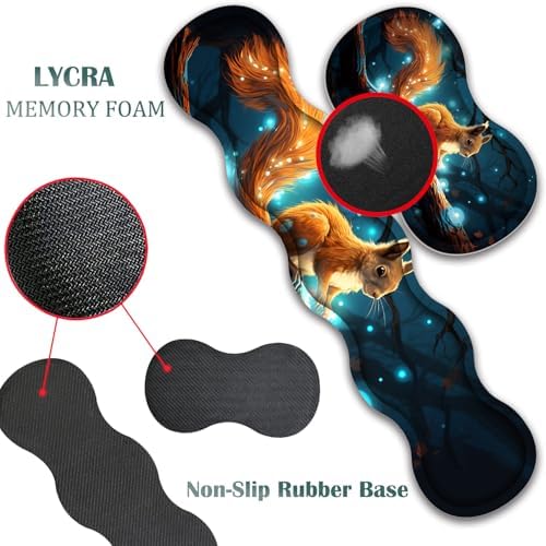 4 in 1 Mouse Pad Combo, Large Gaming Mouse Pad + Keyboard Wrist Support + Mouse Wrist Rest + Coaster, Table Pad 31.5 "x 11.8" with Memory Foam Ergonomic Wrist Pad Set, Glowing Squirrel