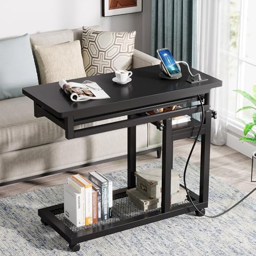 Tribesigns Small Portable Desk with Power Outlet, Height Adjustable Sofa Couch Bedside Laptop Table with Wheels, Mobile Standing Desk Rolling Computer Cart C Side Table with USB Ports