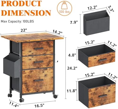 3-Drawer Mobile File Cabinet with 22" Wide Printer Stand, Fabric Filing Cabinet with Side Bag & Headphone Hook, Fits Letter/A4 Size Hanging File Folders, Rolling Home Office Organizer, Rustic Brown