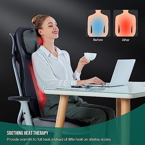 Snailax Shiatsu Neck Back Massager with Heat, Full Body Massage Chair Pad with Adjustable Height, Deep Kneading & Rolling Massage Seat Cushion for Back Pain, APP Control Seat Chair Massager, Gifts