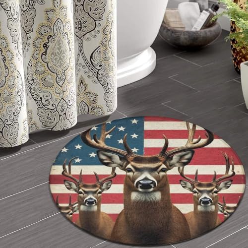 Large Home Decor Mat, Soft Round Yoga Carpet, Non Slip Machine Washable Home Office Circle Rug American Flag Hunting Deers