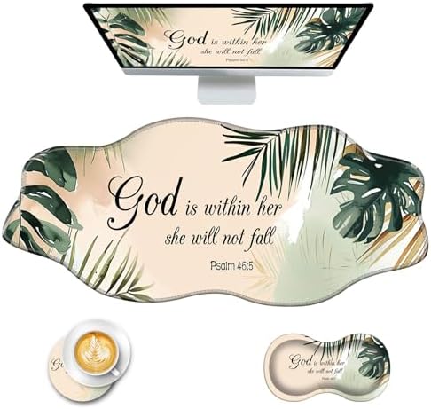 Mouse Pad with Wrist Support + Desk Mat + Coaster 3 in 1 Set, XXL Large Gaming Mousepad Ergonomic Mouse Pads for Desk Computer Laptop Office,Matcha Green Plant Abstract Bible Verse Psalm 46-5