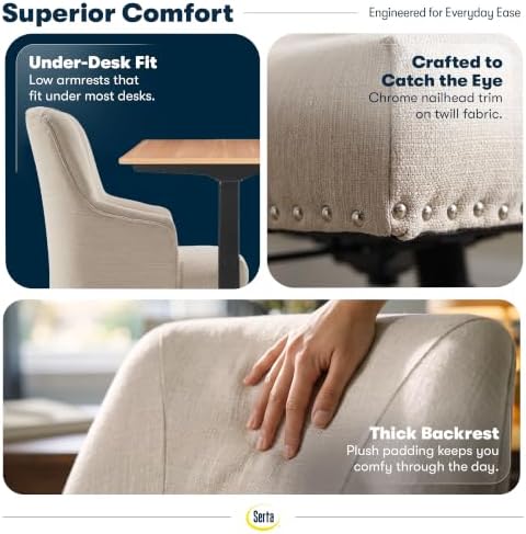 Serta Leighton Home Office Desk Chair, Mid-Back with Chrome Nailheads, Memory Foam Cushion and Padded Arms, Modern Makeup Vanity Armchair with Wheels, Swivel Base, Twill Fabric, Stoneware Beige