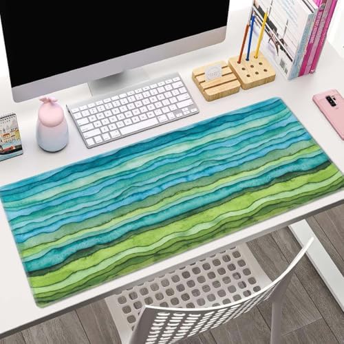 Waves Desk Mat Blue and Green Large Mouse Pad Desk Pad Desk Accessories for Women Men Office Decor, XL Mousepad Long Laptop Keyboard Mouse Mat 31.5''X11.8'' Non-Slip Rubber Base with Stitched Edges