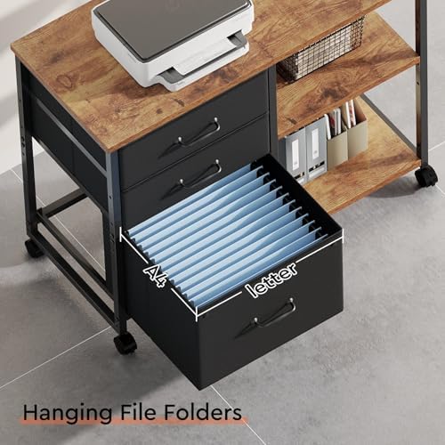 Maihail 3 Drawer File Cabinet with Wheels Rolling Printer Stand with Open Storage Shelf Fabric Lateral Filing Cabinet for Home Office,Rustic Brown