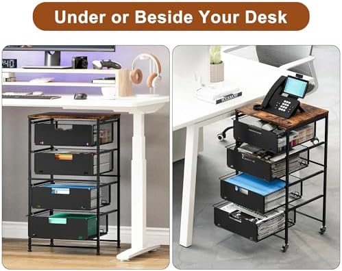EasyPAG Rolling Storage Cart with 4 Drawers, Under Desk File Cabinet on Lockable Wheels, Moviable Hanging File Folder Organizer with Wooden Printer Stand for Home Office