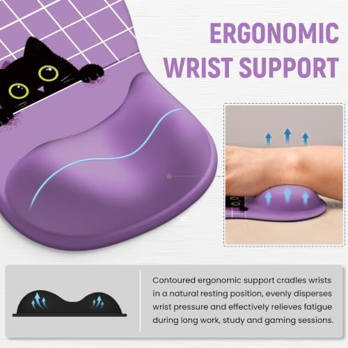 Ergonomic Mouse Pad with Wrist Rest, Gel Wrist Support, Purple Cat