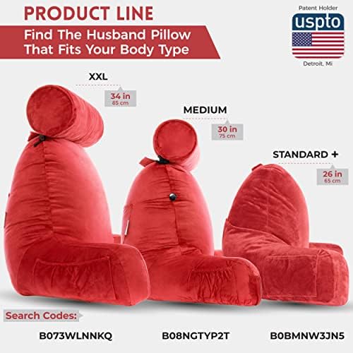 Husband Pillow XXL The Original for Adults - 30" Tall Backrest for Sitting Up in Bed - Firm Support Reading & Bed Rest Pillows for Adults, Neck Roll, Removable Cover - TV - Red
