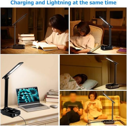 Yostyle LED Desk Lamp with 4 USB Charging Ports and 2 AC Outlets,5ft Extension Cord Power Strip Station, 3 Level Brightness, Touch Dimmer Control, Office Table Eye Care Lamp Bedroom Hotel