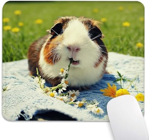 Cute Guinea Pig Eating Daisies Mouse Pad, Cavy with Flowers Grass Desk Mat
