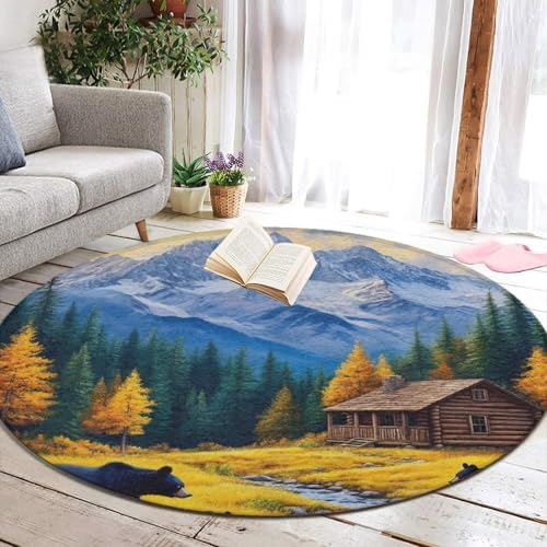 Fashion Round Area Rug Large Non Slip Carpet Unisex Home Decor Mat Thanksgiving Black Bears