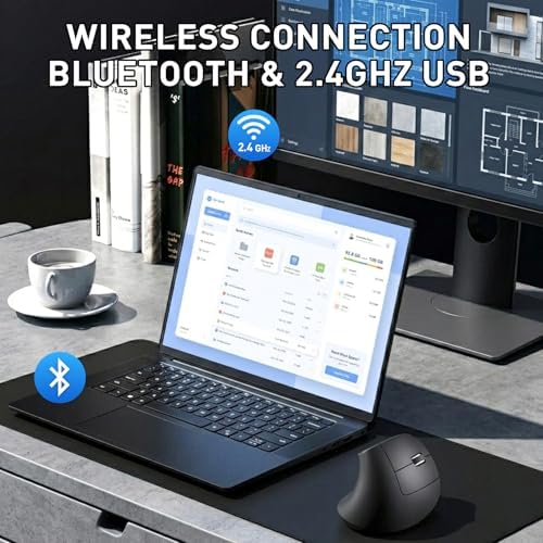 Ergonomic Mouse, Bluetooth and 2.4G Dual Mode Rechargeable Wireless Vertical Mouse, 800/1200/1600 Adjustable DPI, Quiet Clicks,6 Buttons,2.4GHz USB-A Optical Mice for Laptop/MacBook/PC/Desktop-Black