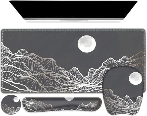 Large Mouse Pad, Keyboard Wrist Rest Set, Ergonomic Mouse Pad with Wrist Support, Desk Mat with Stitched Edges + Coaster, Extended Desk Pad Waterproof Desk Mat for Home Office Game I Moon and Valley
