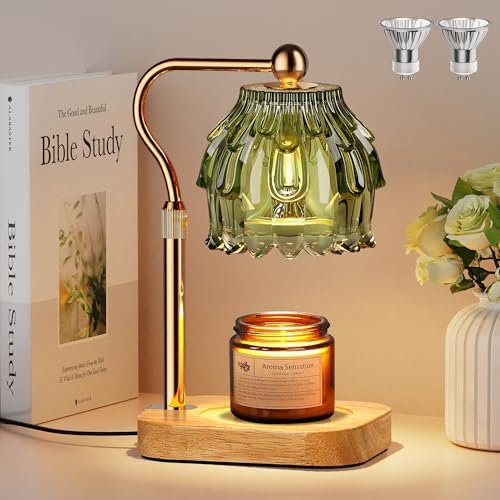 Candle Warmer Lamp with Timer Dimmer, Modern Wax Warmer for Scented Wax Jar Candle Warmer with 2 Bulbs, Adjustable Height Glass Lamp for Gifts for Women, Home Decor, Gold Green
