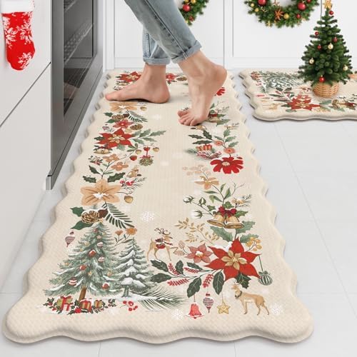 KIMODE Anti Fatigue Kitchen Mats, Christmas Decor Kitchen Floor Mats 17"x47"+17"x29", Farmhouse Tree Kitchen Rugs Sets of 2, Padded Standing Mats for Christmas Decorations Laundry Office Beige