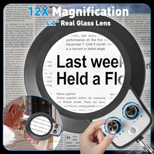 KIRKAS 12X Magnifying Glass with Light and Stand, Overhead Knob 2 in 1