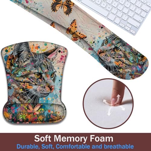 Keyboard Wrist Rest and Mouse Pad Wrist Support with Lace-Shaped Coaster Set, Ergonomic Gel Memory Foam and Anti-Slip Base, Easy Typing and Pain Relief - Kitty
