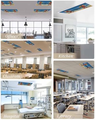 Christmas Beach Magnetic Fluorescent Light Covers for Ceiling Lights 2 x 4 Feet,Santa Claus Palm Trees Sandy Blue Office Classroom Kitchen Drop Ceiling Light Covers Filters Shade Panel 4 Packs