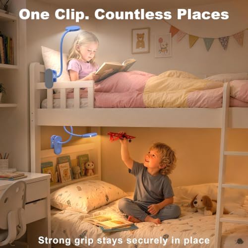Cordless Clip on Reading Lamp, Rechargeable LED Book Light for Kids, Flexible and Dimmable Clamp Light with 3 Color Modes & 10 Brightness for Students Dorm Room Desk Bunk Bed Headboard (Blue/3.5'')
