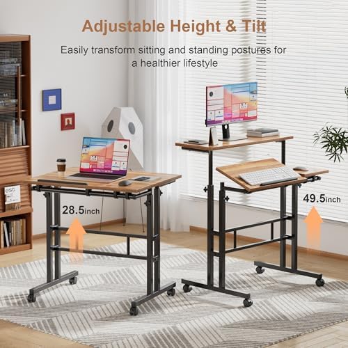 VECELO Mobile Small Standing Desk Adjustable Height, Computer Workstations with Tiltable Tabletop, Lockable Wheels, Portable Rolling Laptop Desk for Home Office, Brown