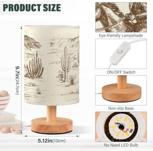 Bedside Lamp Western Desert Cowboy Table Lamp for Bedroom LED Nightstand Lamp Shade USB Ports Wood Base for Living Room Dorm Office